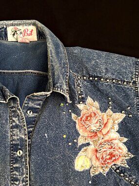 Pret Womens Denim Shirt Large Blue Embroidered 100% Cotton Metal Studs